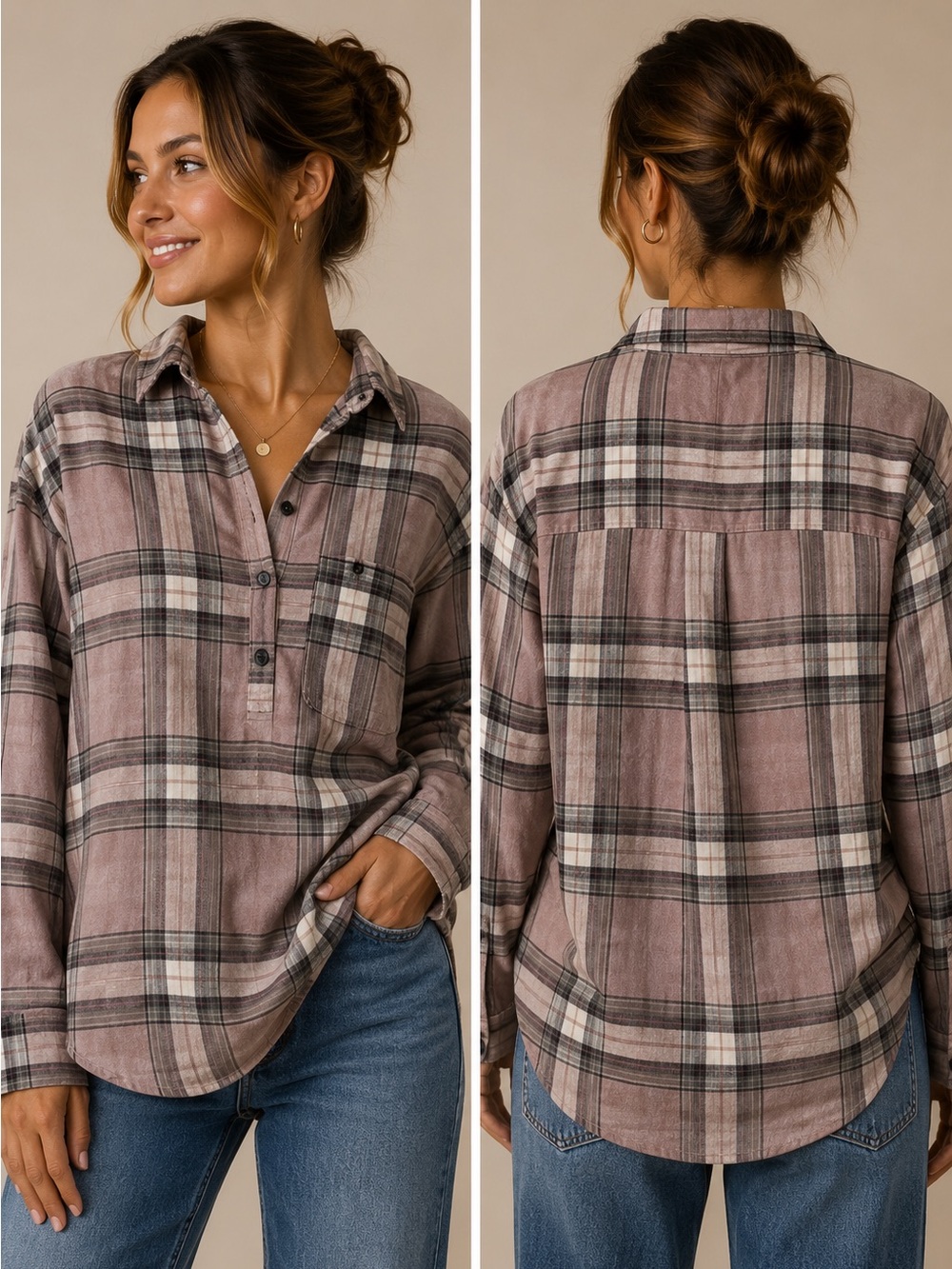 Abercrombie & Fitch Men's Mauve Plaid Button Pullover Shirt